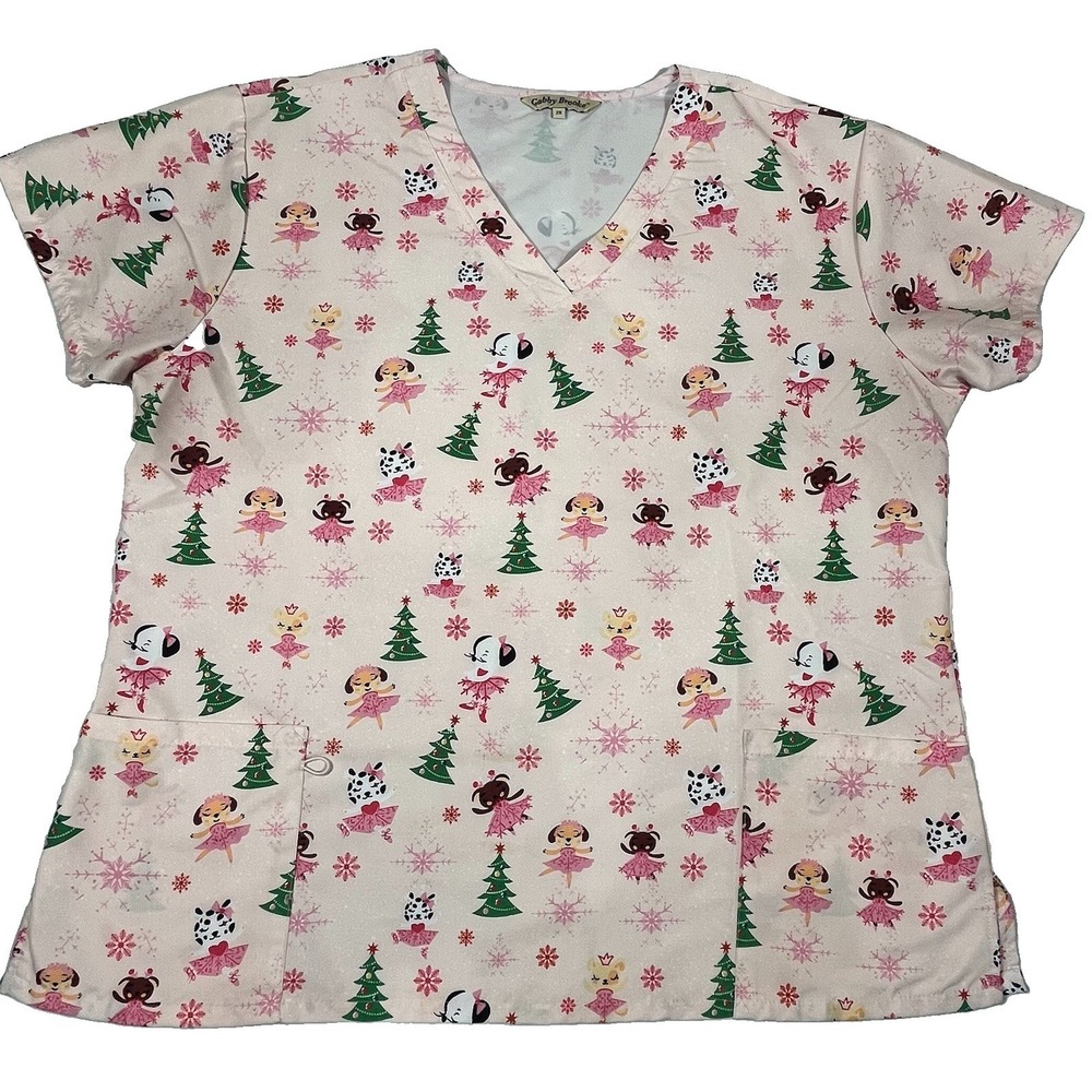 Gabby Brooke 2X Christmas Scrub Top Ballerina Dogs Cats V-Neck Nurse Medical